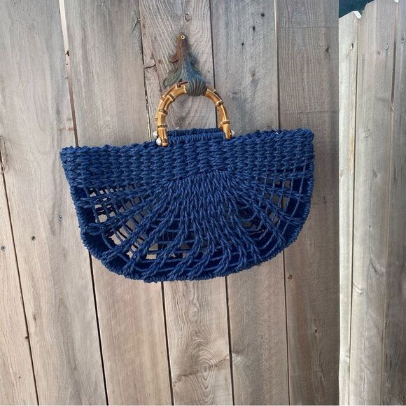 BTB Los Angeles Straw Blue Woven Tote Bag with Bamboo Handles - Picture 12 of 13